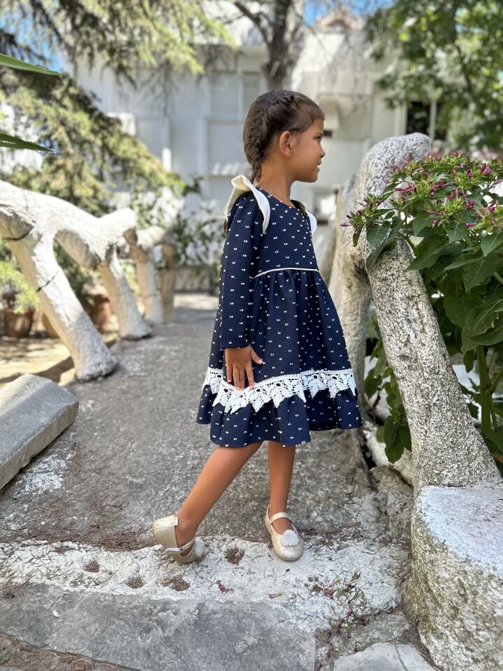 Lacivert Puantiyeli Kız Çocuk Elbise Ekru Peluş Kürk Ceket