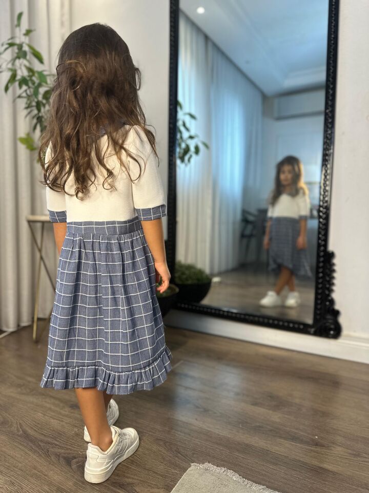 Mavi Ekoseli Fırfırlı Kız Çocuk Elbise