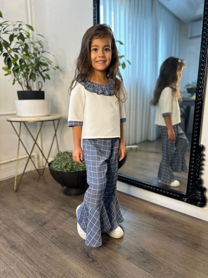 Kız Çocuk Lacivert Ekose Pantolonlu takım 2 - 5 yaş