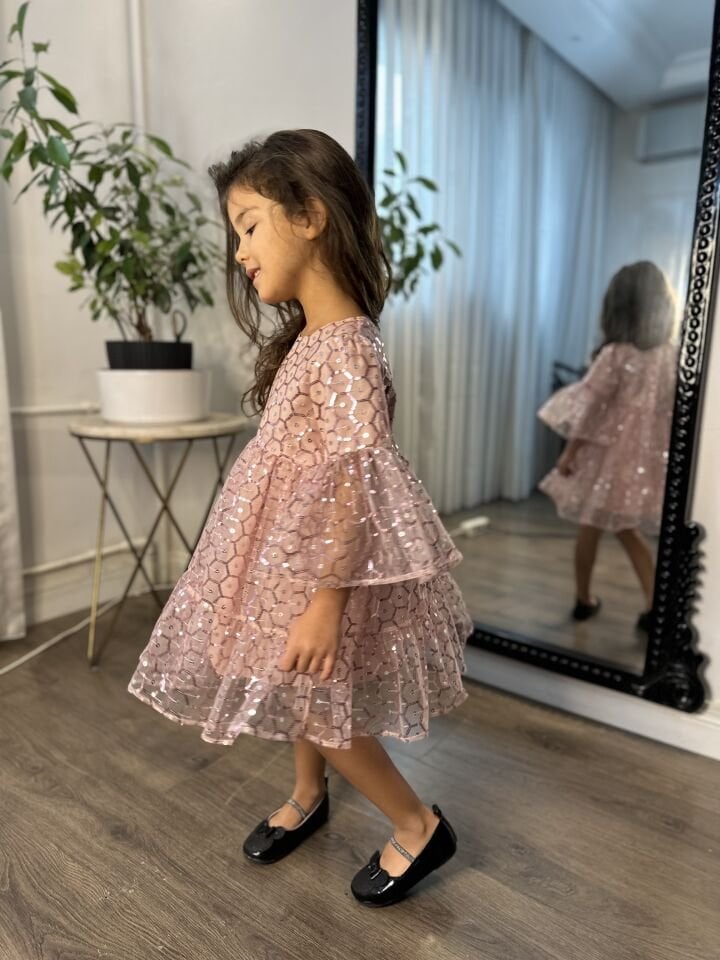Pembe Pul Desenli Kız Çocuk Elbisesi