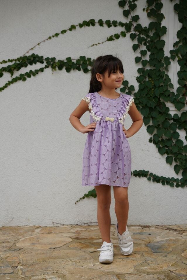 Lila Kız Çocuk Dantel Elbise